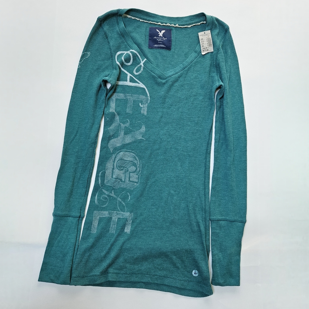 Vintage American Eagle Outfitters Teal Knit V-Neck Top Y2K Size Medium